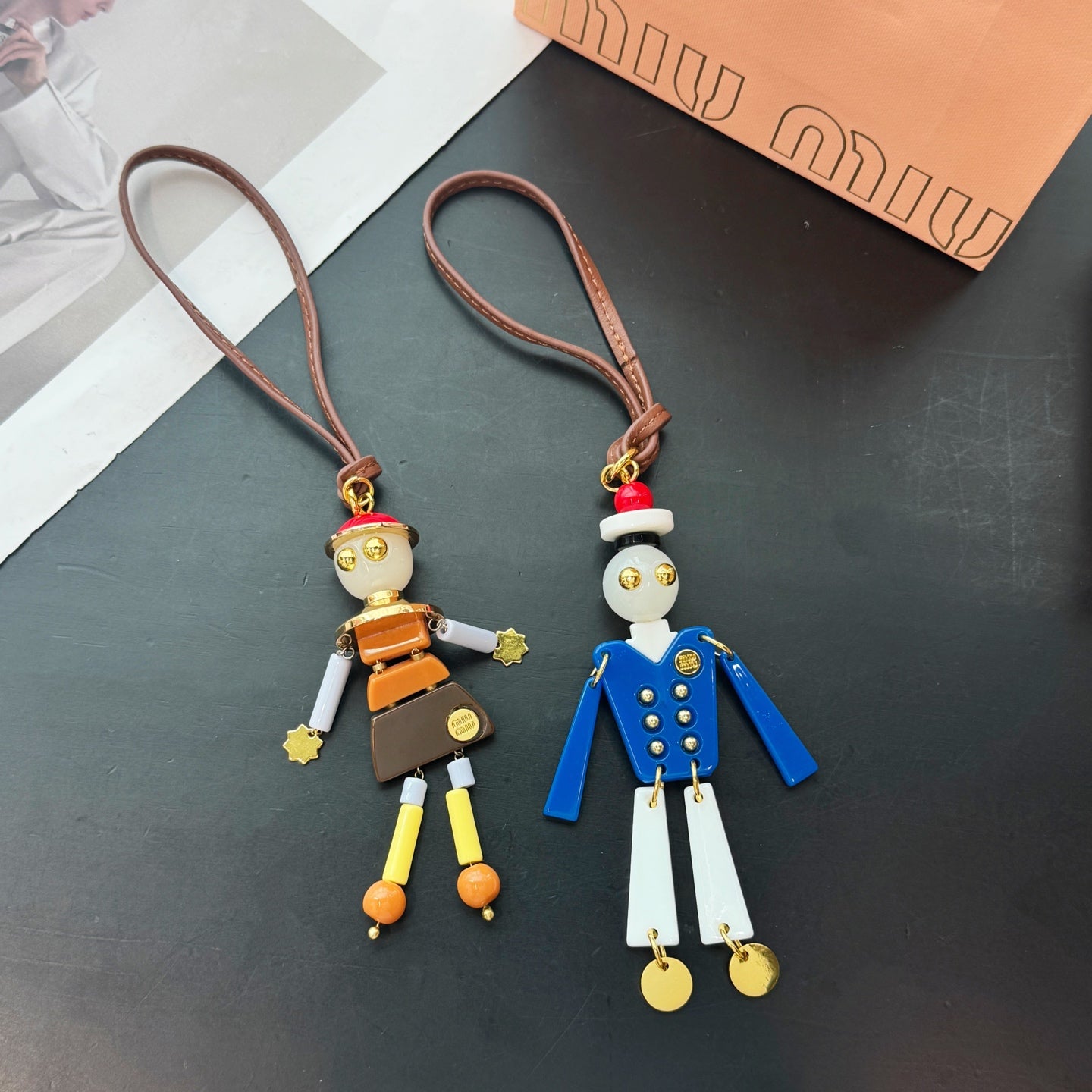 Beaded Puppet Robot Bag Charm, Retro Resin & Metal Keychain Trick